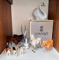 A collection of various ceramic figures of animals, comprising, Lladro, Beswick, etc., to include, a