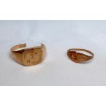Two 9ct yellow gold bracelets, together with two 9ct gold signet rings, (one broken), total weight
