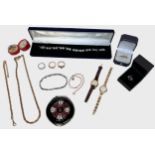 A small collection of assorted jewellery including two 9ct gold rings and a 9ct gold pendant and