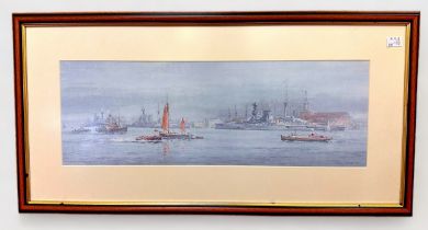 Frank Watson Wood (1862-1953), 'HMS Hood Leaving Portsmouth,' 35x52cm and 'Portsmouth Harbour 27th