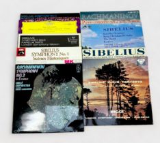 Ten assorted compositions of Jean Sibelius and Sergei Rachmaninoff on 12" vinyl LP records,