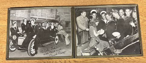 Two monochrome photographs, one depicting Ronald Reagan with a group of sailors, signed by Reagan,