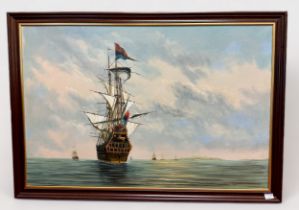 Ambrose (20th century) Seascape study of a fully rigged ship with other ships beyond, signed, oil on