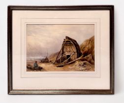 Style of Samuel Prout. Figure with shipwrecked boat shack on the shore, 19th century, watercolour on