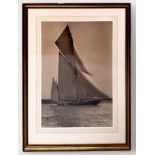 Beken & Sons of Cowes, monochrome large portrait of the Gaff-Rigged Cutter yacht Satanita racing