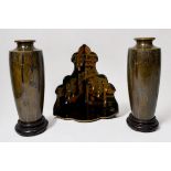 A pair of Japanese inlaid bronze vases of tapering cylindrical form, Meiji Period, with inlaid
