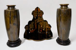 A pair of Japanese inlaid bronze vases of tapering cylindrical form, Meiji Period, with inlaid