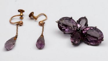 A pair of 9ct gold earrings, each set with a briolette amethyst drop, French screw-backs, together