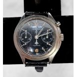 A rare Lemania British Military RAF issue single pusher chronograph pilot's wristwatch, the black