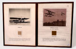 AVIATION RELICS: Framed fabric squares, one from Bleriot XI, of Louis Bleriot 1909 Channel