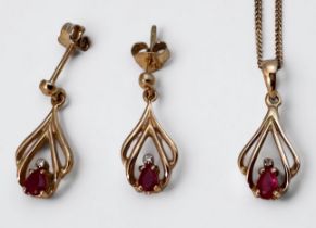 A 9ct yellow gold ruby and diamond pierced pendant and chain, together with a pair of matching 9ct