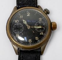 A WWII era German Hanhart 1 Button chronograph wristwatch, the black enamel dial with