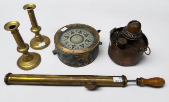 A quantity of various brass and copper wares, to include, a large brass cased ship’s compass, pat