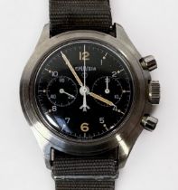 A rare gents stainless steel British Royal Navy Lemania ‘Double Button’ chronograph wristwatch,