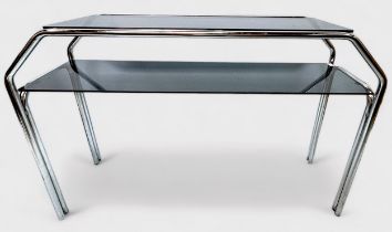 A 20th century two-tier side table of chromium-plated tubular steel frame construction with smoked