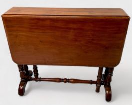 A late 19th century figured walnut drop-leaf Sutherland table, hinged swivel-top on twin-turned