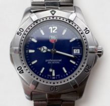 A gents stainless steel Tag Heuer Professional 200 meter water resistant quartz wristwatch, the blue