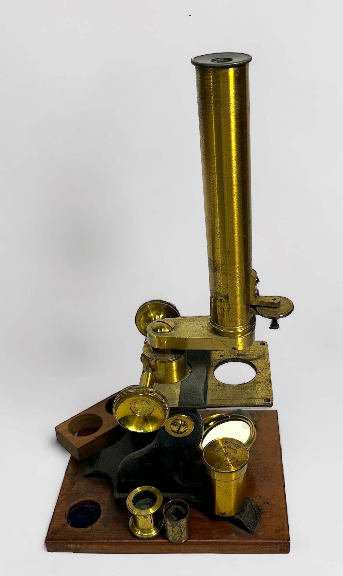 A Microscope by Henry Crouch, lacquered brassware and black frame, with selection of glass - Image 2 of 5