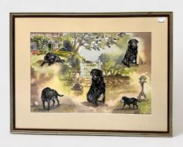 Gillian Harris (British- Contemporary), Five vignettes of a Black Labrador, signed, watercolour,