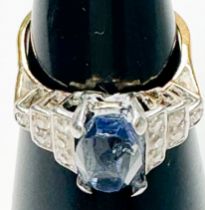 An 18ct yellow gold sapphire and diamond ring, (af), set with an oval faceted sapphire to the