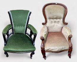 A Victorian nursing chair with light green fabric upholstery and button back, raised on turned front