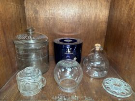 A Smith's Crisps glass storage jar and cover with etched branding, together with a glass wasp trap