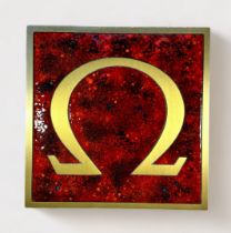 A heavy brass and enamel door handle, from an Omega watch retailer, with large Omega (Ohm) emblem to