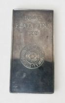 A 1000g solid PLATA FINA 999 silver bar, stamped 'Sociedad Espanola de Metales Preciosos S.A