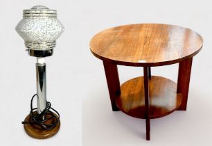 An Art Deco period table lamp with ribbed and compressed globular mottled glass shade, chrome column