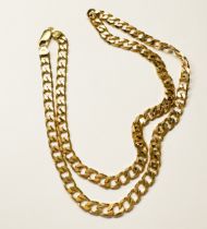 A 9ct yellow gold flat-curb link chain, measuring approximately 22 inches in length, weighs 26.7