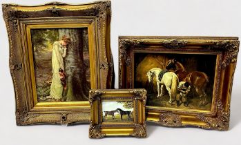 Three various oilographs prints, two equestrian and one young lady by a tree, various sizes, in