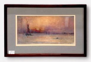 George Wolfe. (1834-1890), Sailing barges and other vessels by a coastline at dusk, signed, 'G.