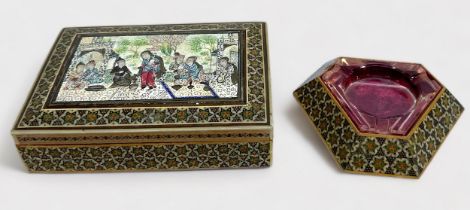 A Persian cigarette box of rectangular form, and matching ashtray, with all-over parquetry