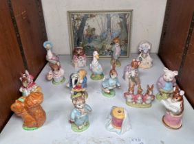 Fourteen Beswick Beatrix Potter figures and two later figures, togrther with a coloured print. (IN