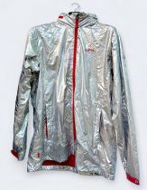 A men’s Omega London 2012 silvered shell jacket, with red and tartan detailing, collapsible hood,