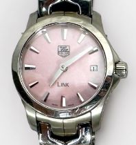 A ladies stainless steel Tag Heuer ‘Link’ wristwatch, model WJF1412, the pearlescent pink dial