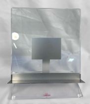An Omega watches transparent acrylic shop display stand, with metal support to rectangular acrylic