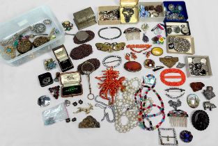 A quantity of costume jewellery including turquoise and silver turtle brooch, various other silver