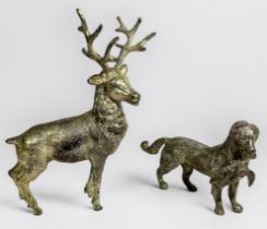 Two cast metal alloy animal sculptures with silvered finish, comprising a Royal stag and hunting dog