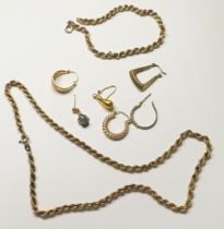 A 9ct yellow gold rope-link chain, with matching bracelet, and six 9ct gold odd earrings, total