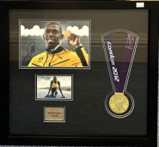 Three signed Usain Bolt photograph montages, two with certificates of authenticity, one depicting