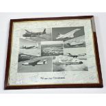 A framed monochrome printed montage ‘Wings Over Brooklands’, depicting eight various aircraft and