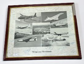 A framed monochrome printed montage ‘Wings Over Brooklands’, depicting eight various aircraft and