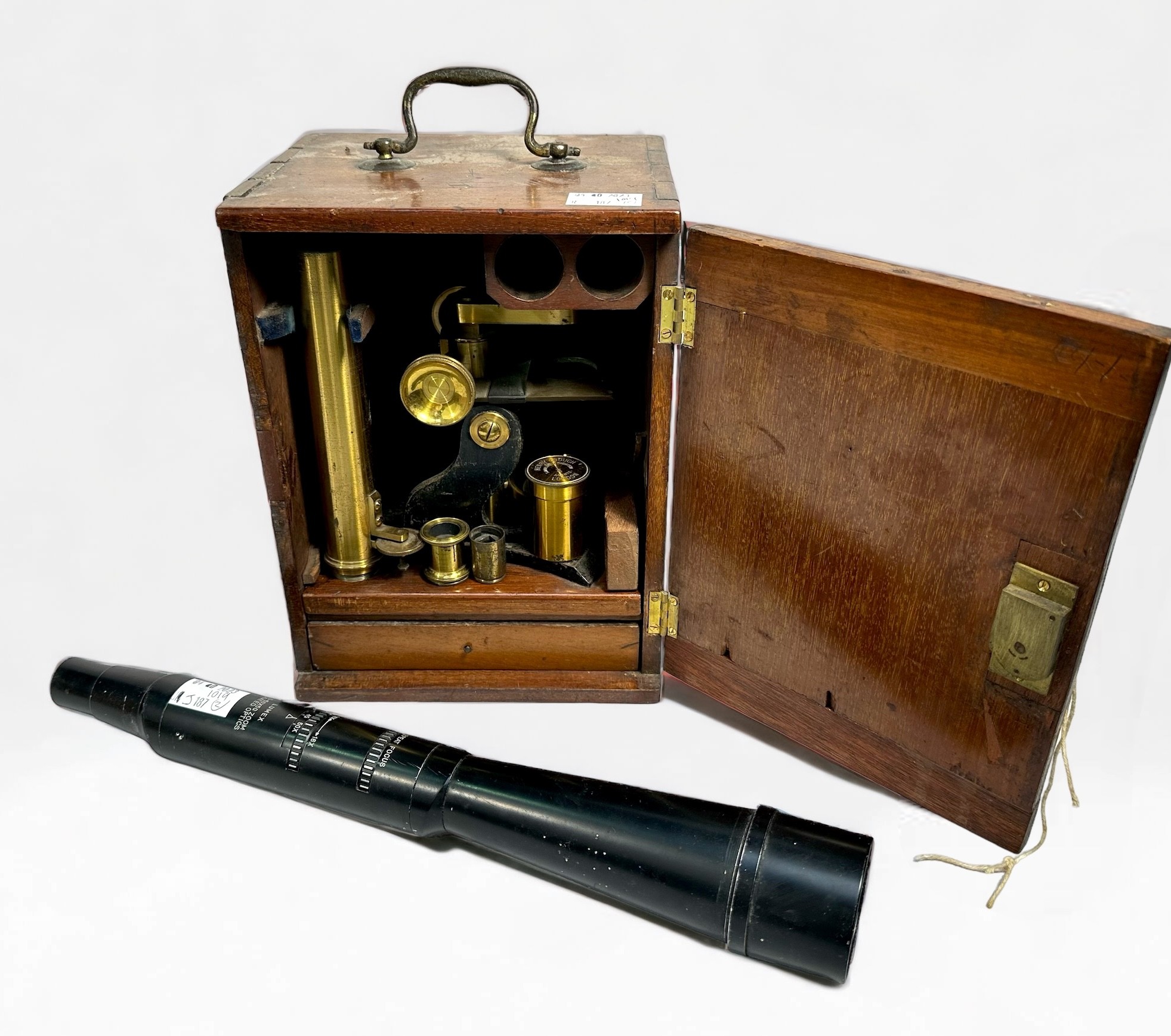 A Microscope by Henry Crouch, lacquered brassware and black frame, with selection of glass