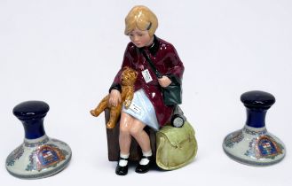 A Royal Doulton figure, 'The Girl Evacuee,' HN 3203, together with two small Wade pottery