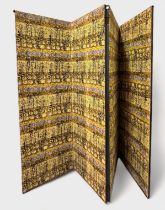 Four-fold dressing screen, covered both sides with a retro yellow, brown, black and grey upholstery,