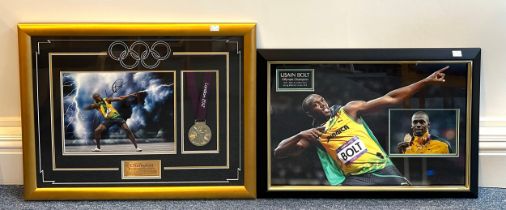 A signed Usain Bolt photograph montage, depicting the Olympic Champion in his iconic pose after