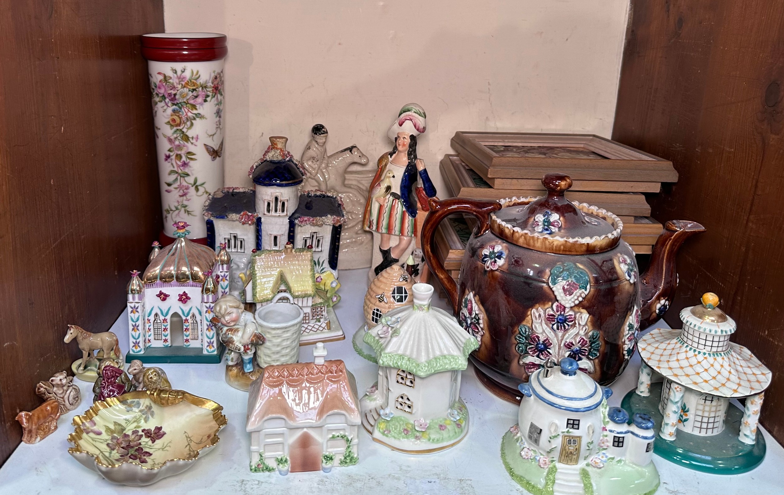 Various ceramics including a bargeware pottery teapot, various Coalport porcelain houses and