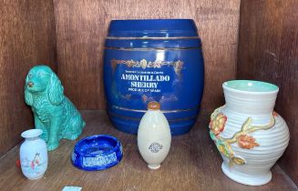 A large blue-glazed 'Amontillado' ceramic Sherry barrel, together with a Royal Doulton stoneware