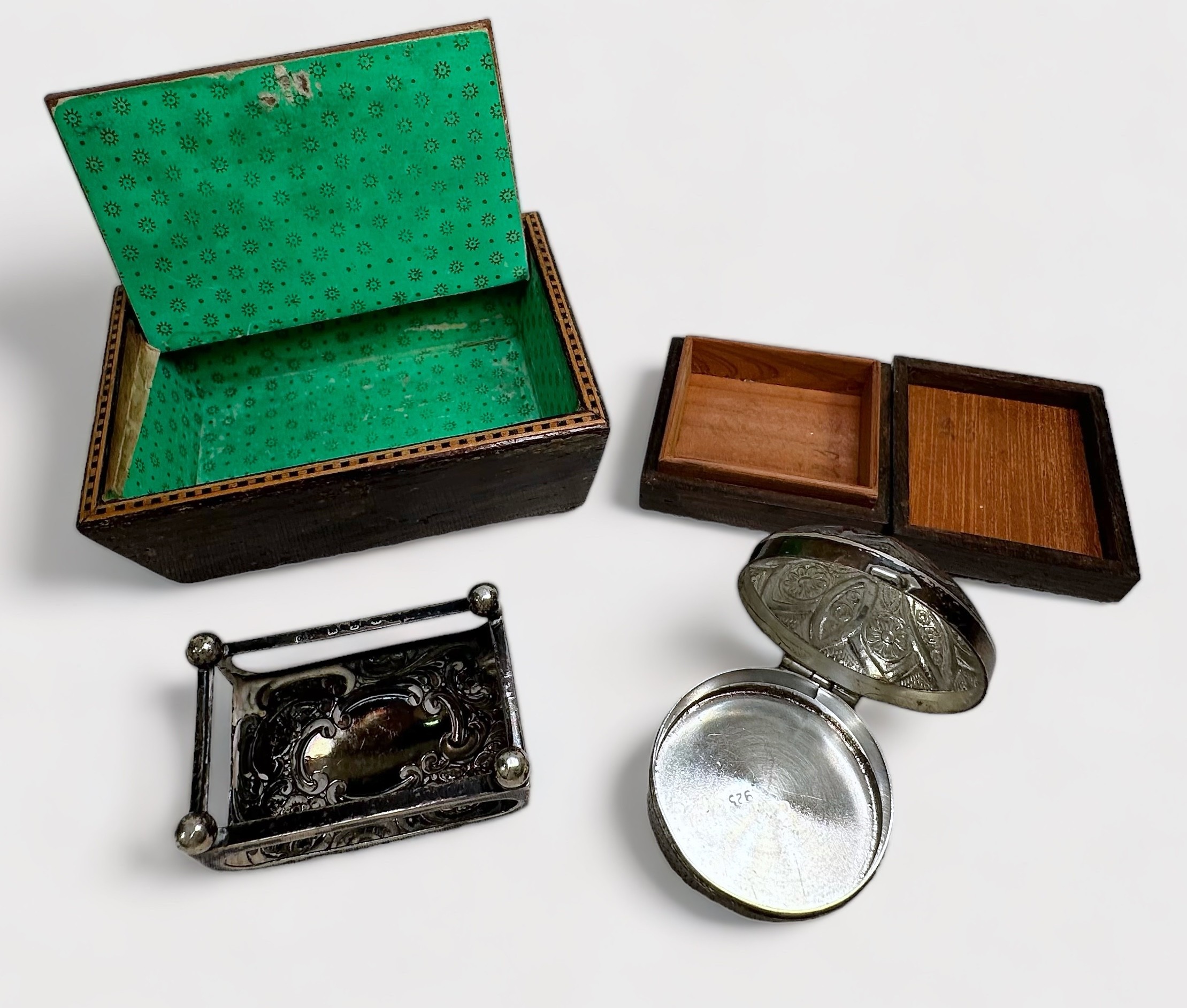 Two early 20th Century Tunbridge Ware trinket boxes, one with hinged lid, together with, a silver - Image 2 of 2